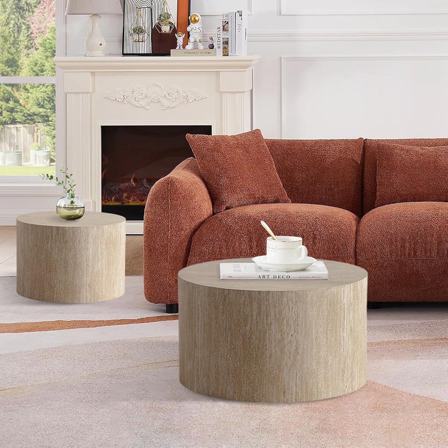 Round Nesting Coffee Table Set of 2, Modern Coffee and End Table Set Small Circle Wooden Drum Side Table Accent End Tables for Living Room Office, No Assembly,Travertine Large