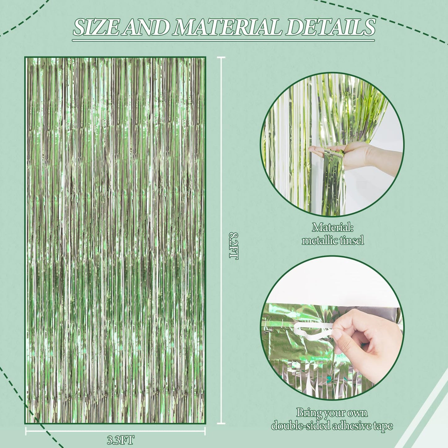 3 Pack Foil Fringe Backdrop - Light Green Shiny Tinsel Curtains for Party Decoration/Photo Booth Props - 3.3x8.2 FT Metallic Foil Backdrop for Birthday, Wedding, Graduation, Christmas