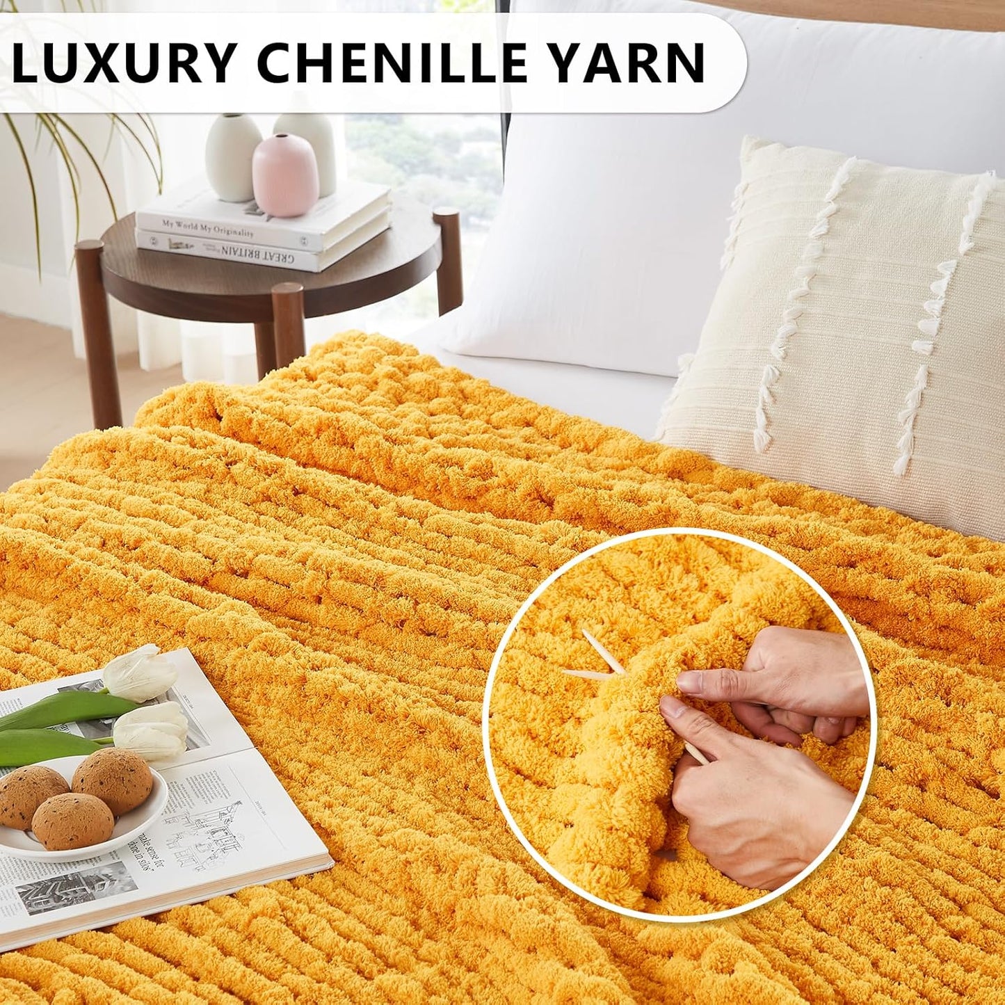 L'AGRATY Chunky Knit Blanket Throw - Soft Throw Blanket 50x60: 100% Hand Knitted Chenile Crochet Throw for Home Decor - Mustard Yellow