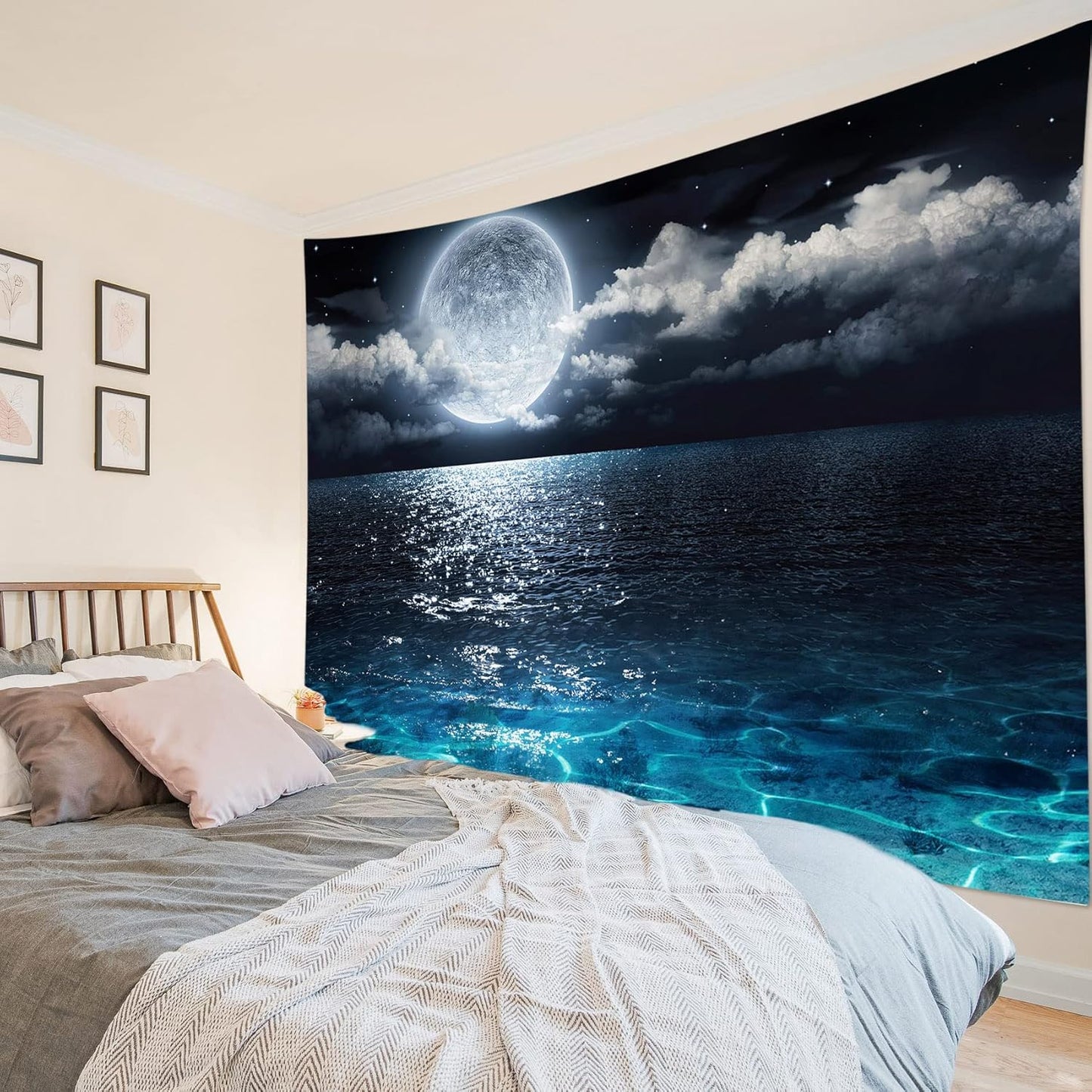 LB Night Sky Ocean Tapestry Full Moon on Sea Tapestry Wall Hanging Fantasy White Cloud Watercolor Wall Art for Bedroom Living Room Dorm Wall Decor, 59Wx51H inches