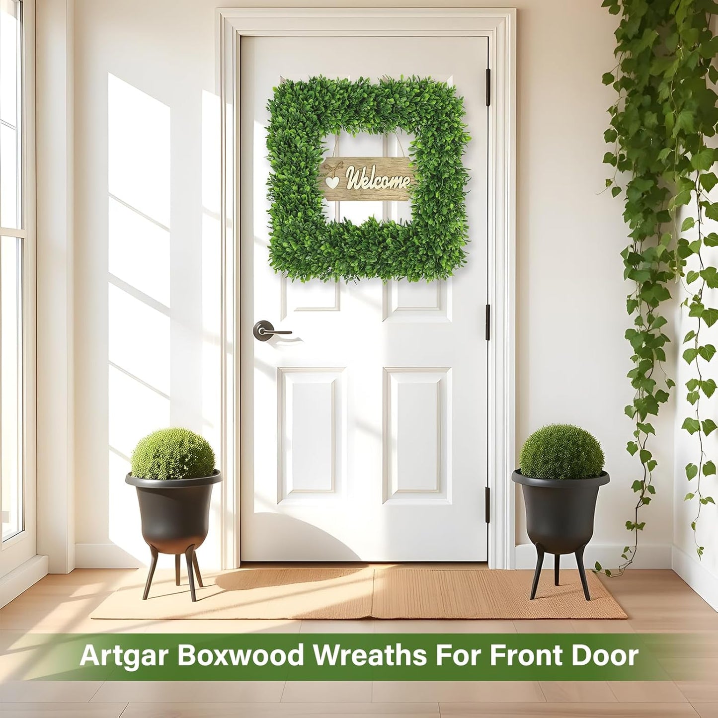 Artgar 22Inch Boxwood Wreath, Spring Wreaths for Front Door, Realistic Green Square Boxwood Wreath for Year-Round Decor, Artificial Summer Wreaths for Wedding Farmhouse Indoor/Outdoor Porch Decor