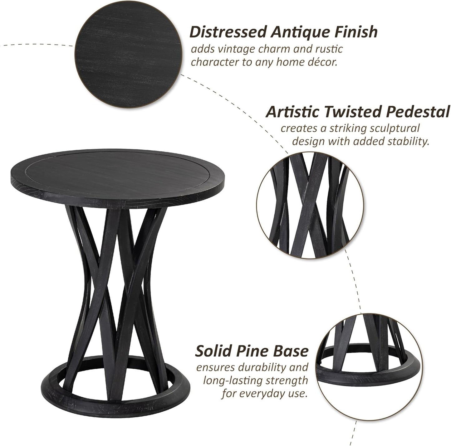 Round Farmhouse End Table with Crisscross Pedestal Base, Distressed Finish Side Table Rustic Accent Table for Living Room, Pine Wood, Black