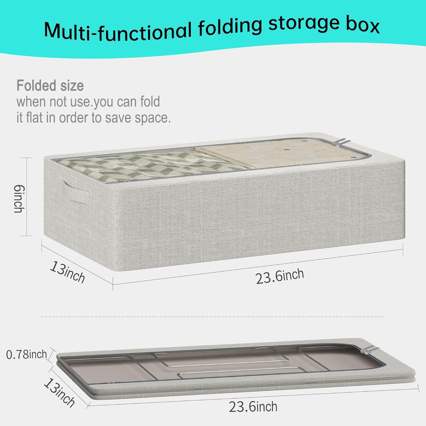 3PCS Under Bed Storage Bins with Metal Frame, Linen Fabric Frame Storage Box Clothes Organizer Bins, Underbed Container with Clear Window (Light Grey, 23.6 x 13 x 6IN)