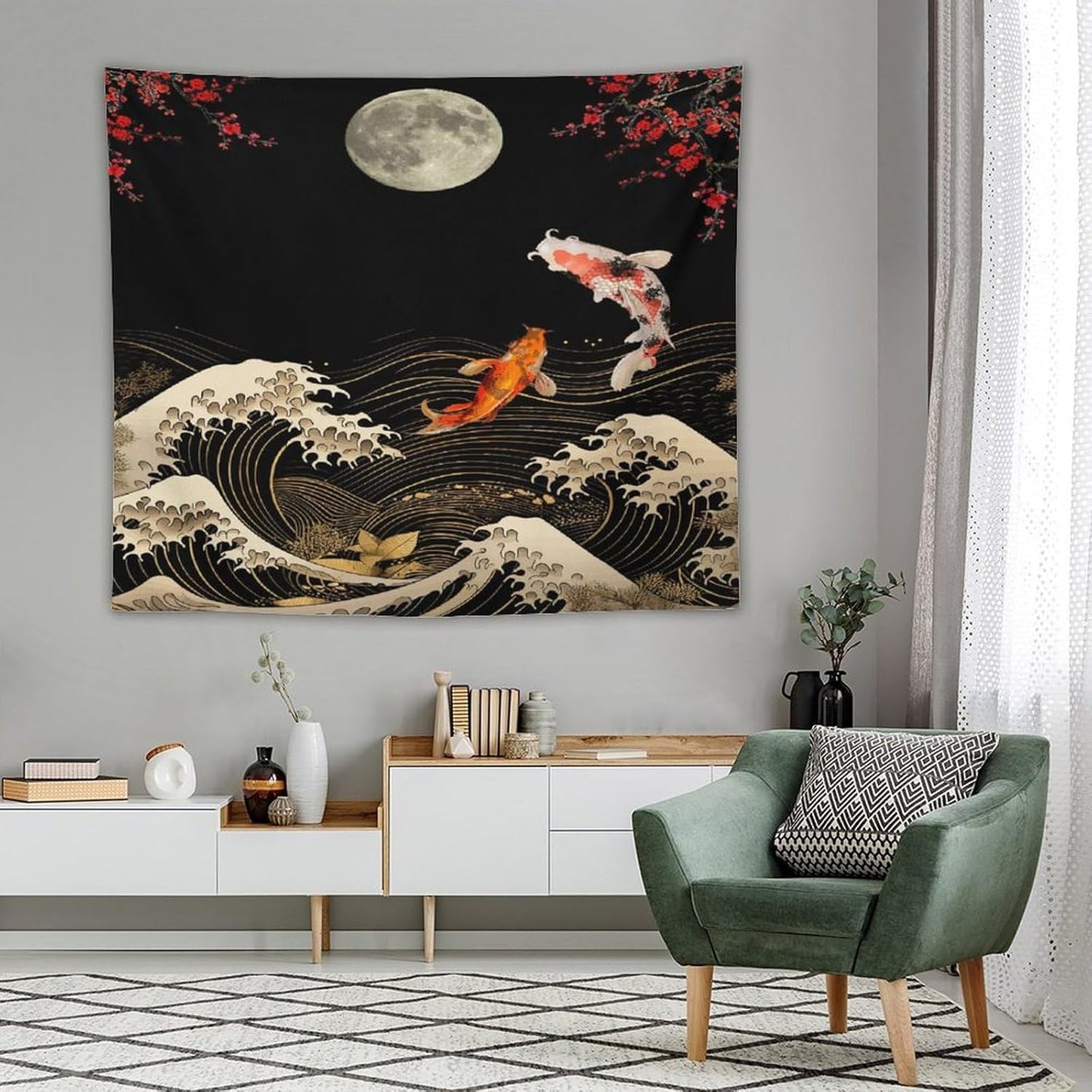 Houselerax Koi Fish Tapestry, Japanese Style Yin Yang Big Wave Cherry Blossom Tapestries Wall Hanging for Bedroom Living Room Office Decor 60"x50"
