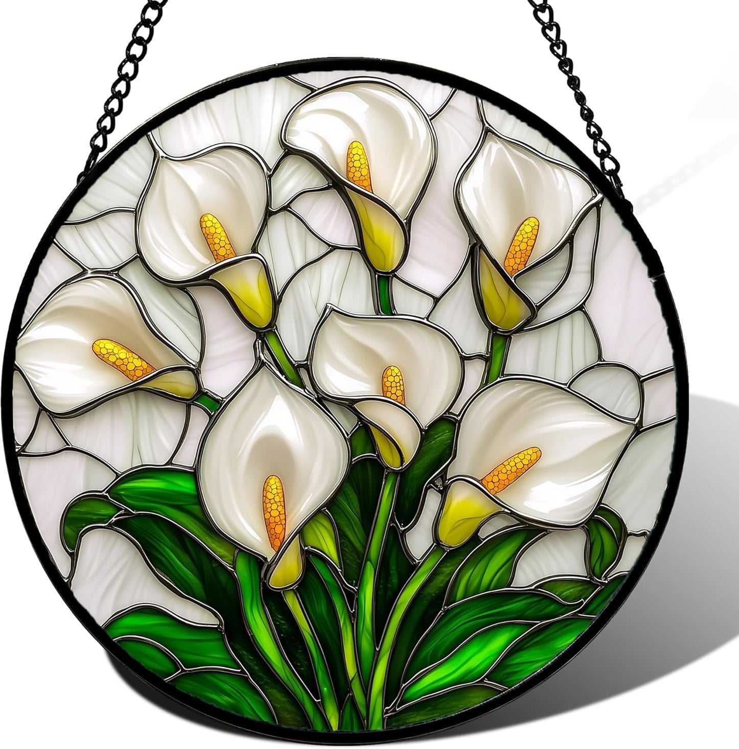 Stained Glass Window Hanging, White Calla Lily Suncatcher Diamond Glass Panel Hangings Flowers Sun Catchers Decor for Birthday for Women, Men, Wife, Aunt, and Mom 14.9x14.9 in