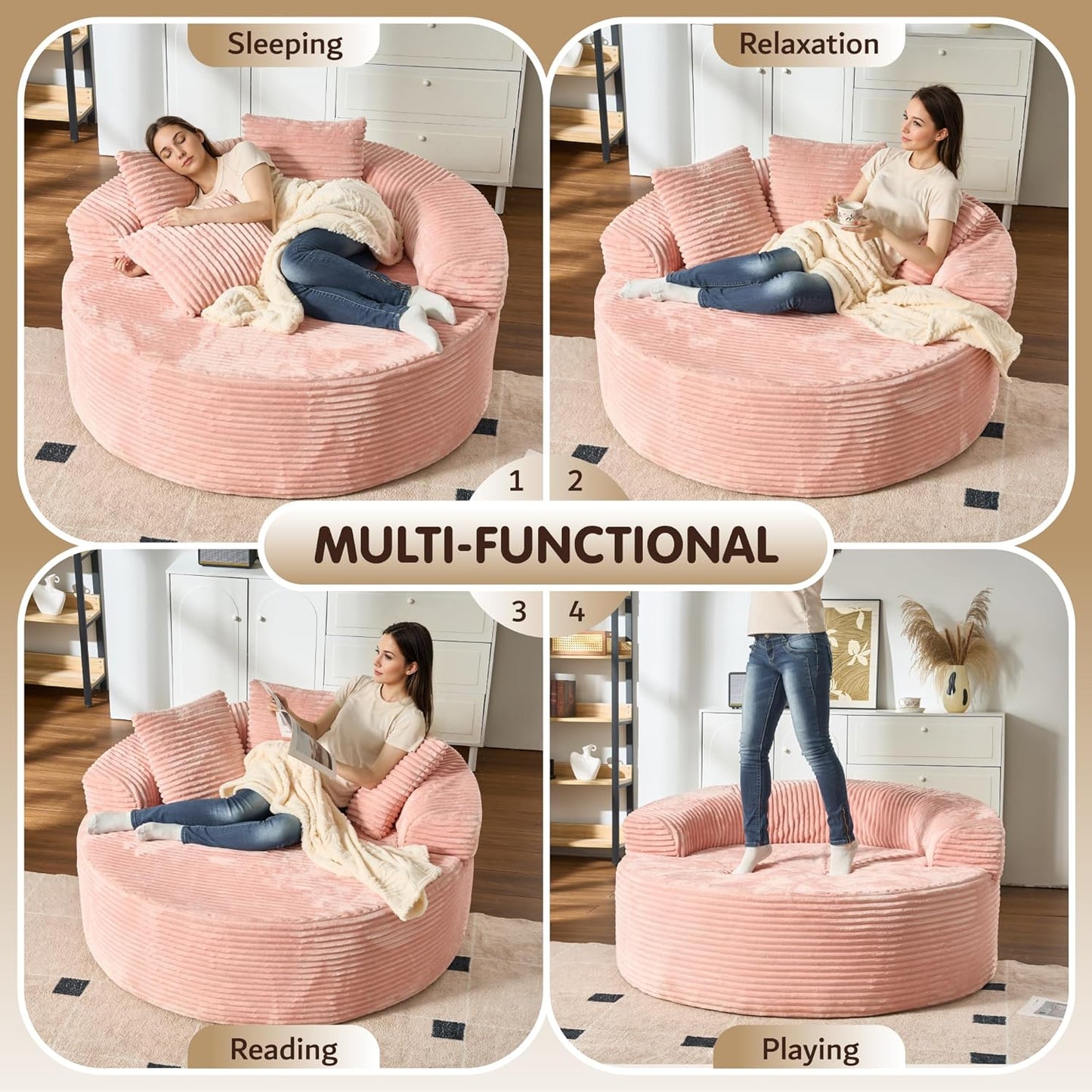 ovios 58" Oversized Round Chair Lounge Chaise Indoor, No Assembly Required, Cloud Large Circle Chair with Plush Fuax Fur, Fluffy Modern Sleeper Sofa Bed for Reading Yoga, Pink (Plush Corduroy Fabric)