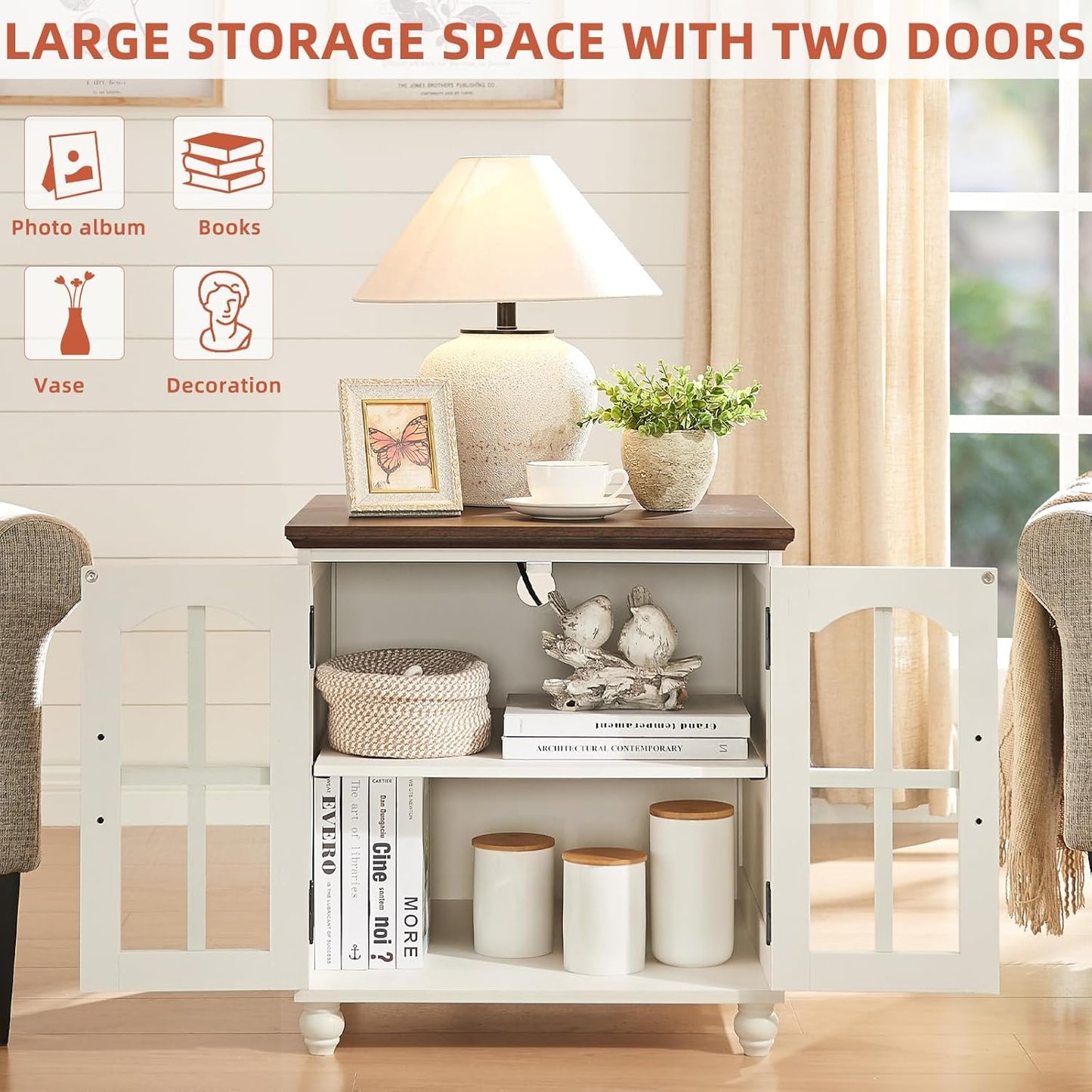 Farmhouse 24" End Table Set of 2 with Charging Station, Large Sofa Side Table with Glass Barn Door,Wood Night Stand with Adjustable Storage Shelf,Square Bedside Table for Living Room,Bedroom