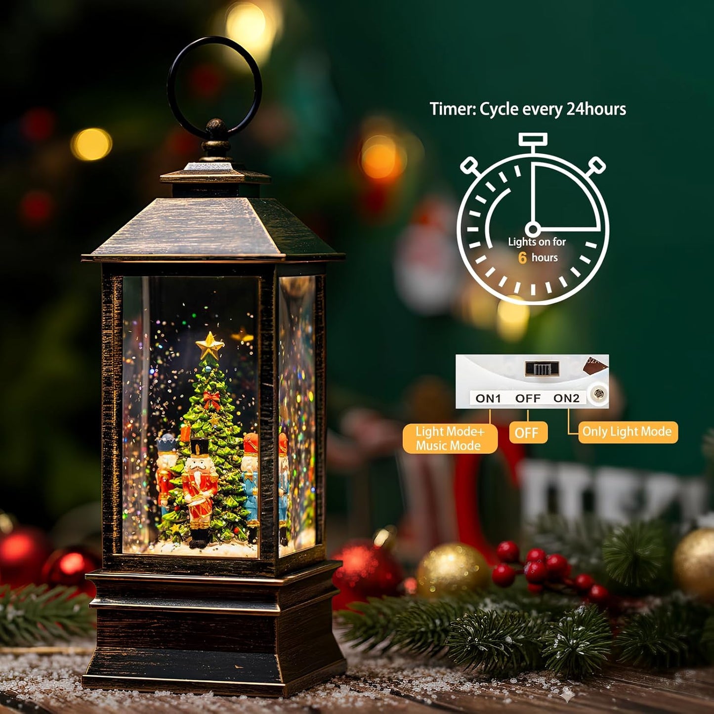 10'' Nutcracker Snow Globe, Musical Christmas Water Lantern with Swirling Glittering Home Decoration and Gift, Battery Operated or USB Powered