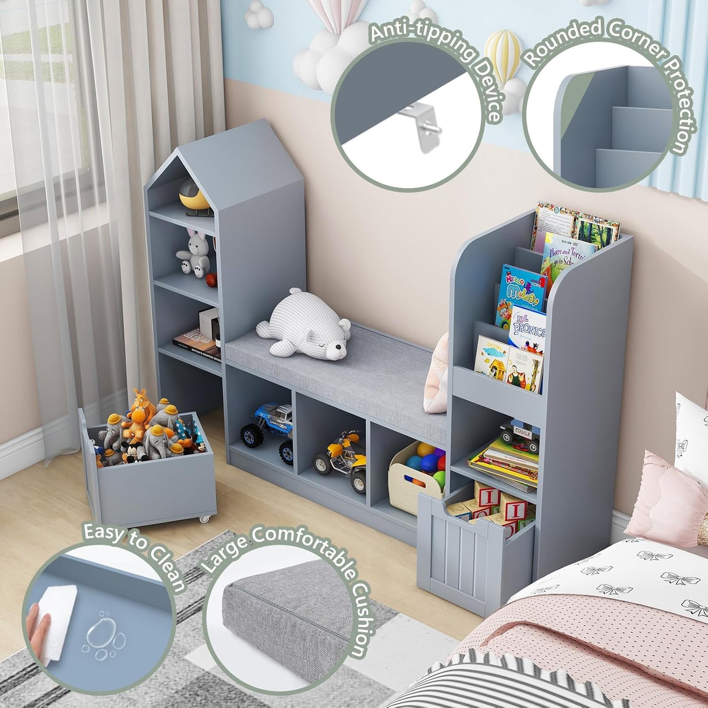 Vabches Toy Storage Organizer for Kids Bookshelf with Reading Nook, Multifunctional Bookcase with 7 Storage Cubbies, 2 Movable Drawers and Seat Cushion for Keeping Kids' Toys Books Organized, Grey