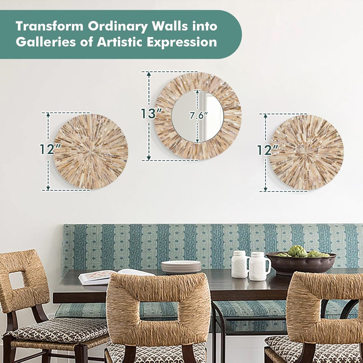 TEIPAI Boho Decorative Mirror for Living Room, 3PCS Handcrafted Mother of Pearl Mirror Wall Decor for Home Dorm Apartment Hallway Staircase, Mosaic Art Plates for Wedding Decoration (Dark Brown)