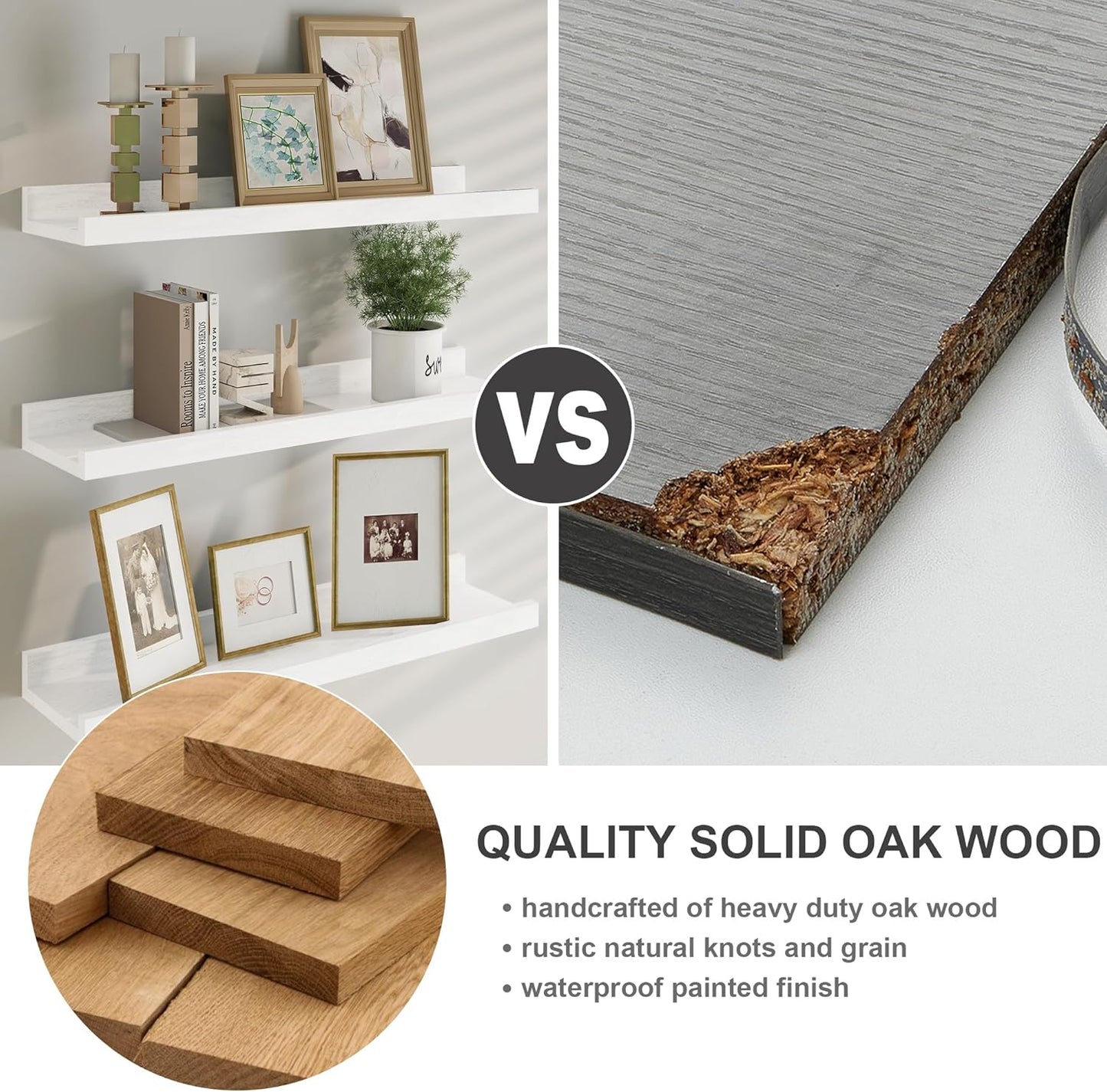 Floating Picture Ledge Shelves 55 Inch Solid Oak Wood Set of 2, Rustic Wall Storage Shelves with Lip, Kids Bookshelf, Photo & Picture Ledge Shelves for Bedroom, Living Room, Kitchen