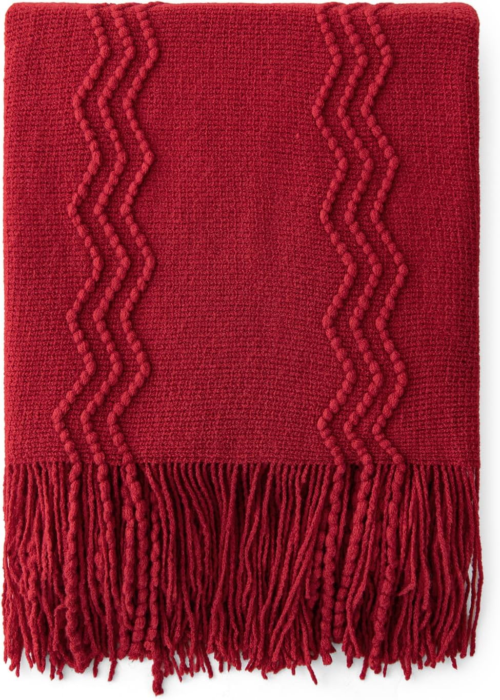 MIULEE Burgundy Red Knitted Throw Blanket for Couch Boho Textured Cozy Woven Blanket with Tassels for Sofa Chair Bed Living Room Acrylic Wave Pattern 60"x80"