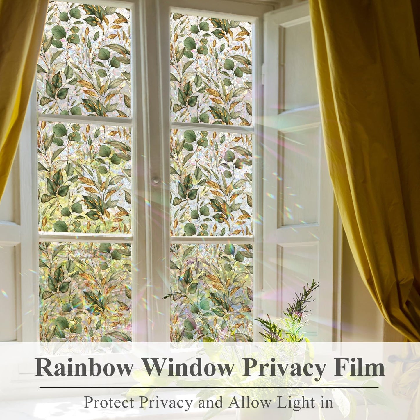 Rainbow Window Privacy Film with Tools, 3D Stained Glass Window Film, Spring & Autumn Leaves, 16.93" x 157.48"(43X400CM)