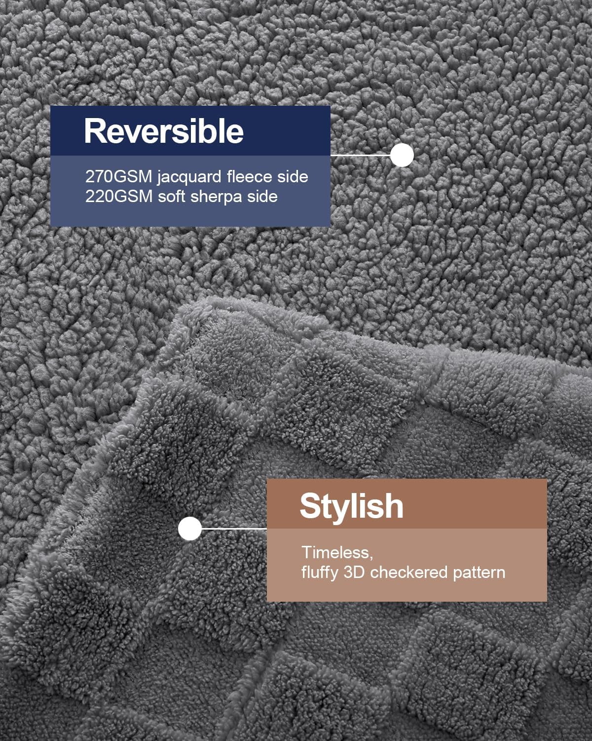 Pawque Super Soft Cozy Throw Blanket Queen Size for Couch Bed, Fluffy Sherpa Fleece Reversible Thick Warm Fuzzy Blanket for All-Season, 3D Checkered Jacquard Decorative Blankets, Grey, 90"x90"