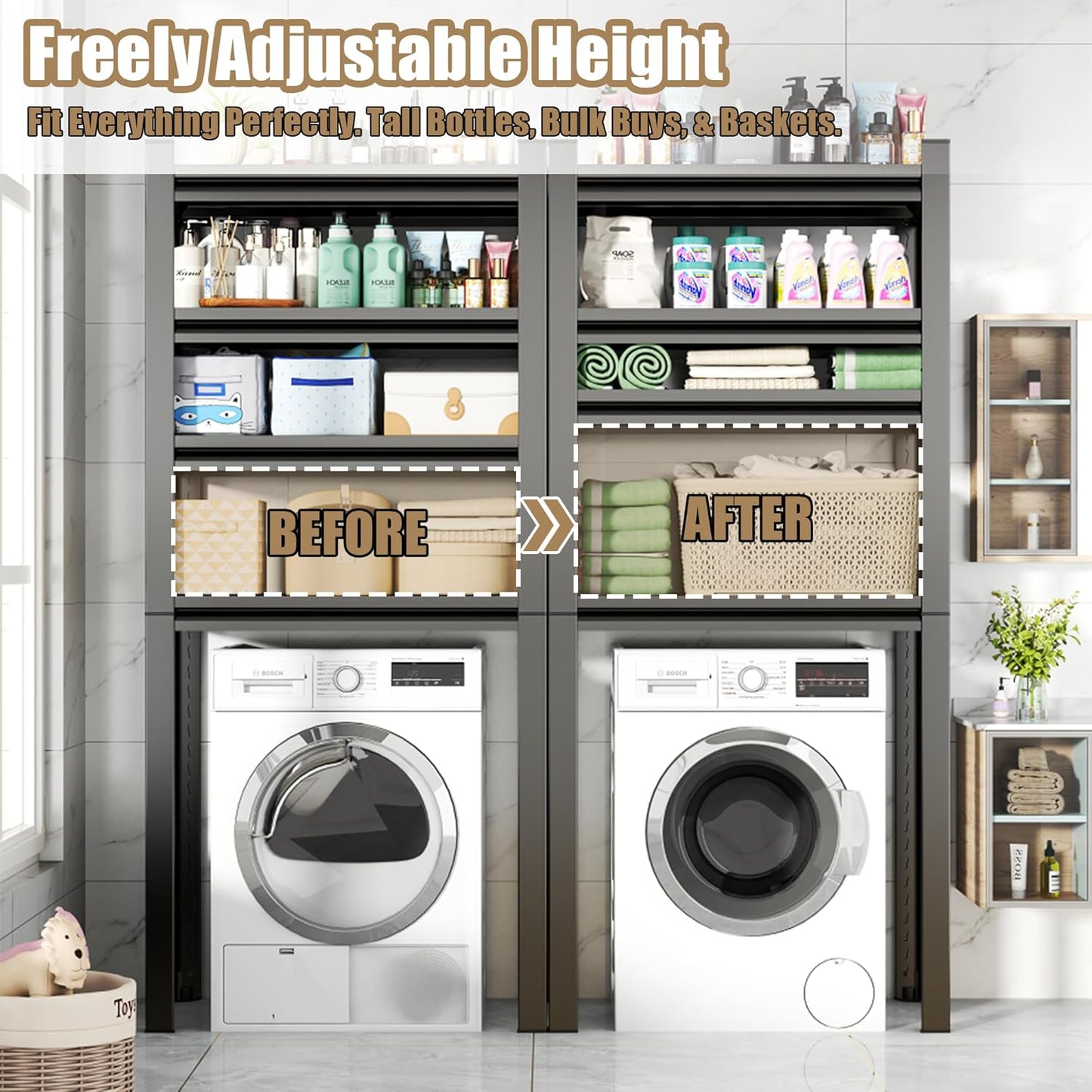 Over Washer Storage,5Tier Expandable Washer and Dryer Rack, Laundry Room Storage Over Toilet Washing Machine and Dryer Storage Rack Bathroom Organization, Hold 500 lb, Black