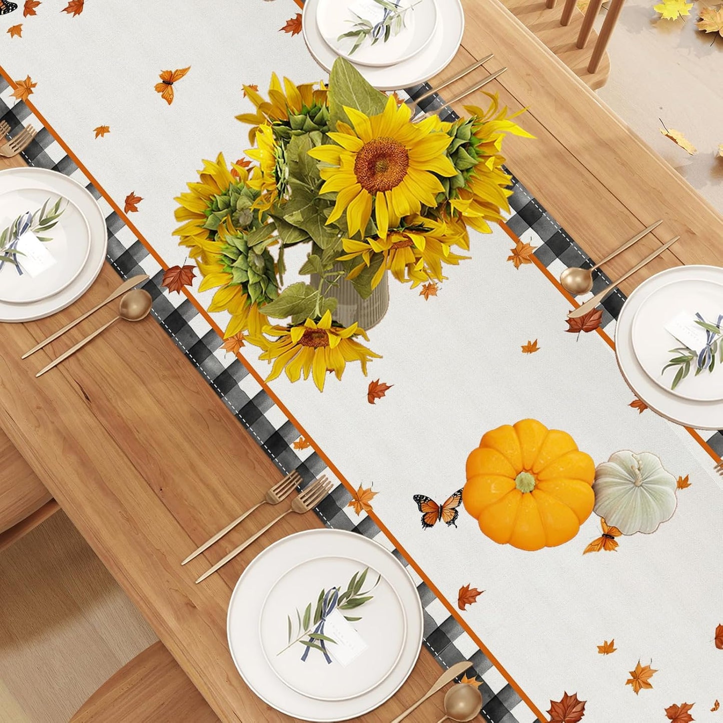 Linen Black and White Buffalo Check Plaid Fall Table Runner 108 Inches Long, Fall Leaves Pumpkin Butterfly Home Kitchen Table Decor, Farmhouse Autumn Thanksgiving Harvest Festival Decorations for Home