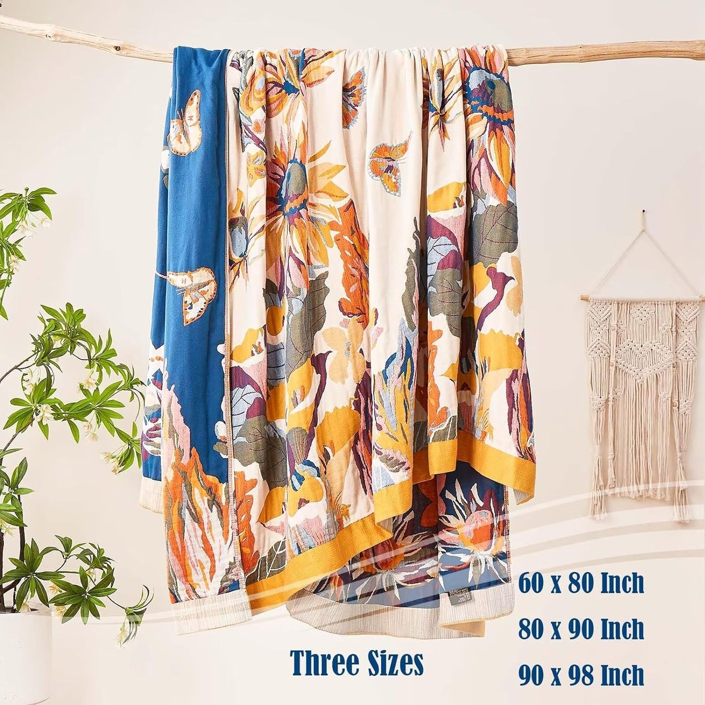 Boho Throw Blanket, 100% Cotton Ultra Soft Luxury Throw Rustic Quilt, 60"x80" Floral Bird Butterfly Farmhouse Decor Bed Blankets, All Season Rustic Reversible Bohemian Throw for Bed - Yellow