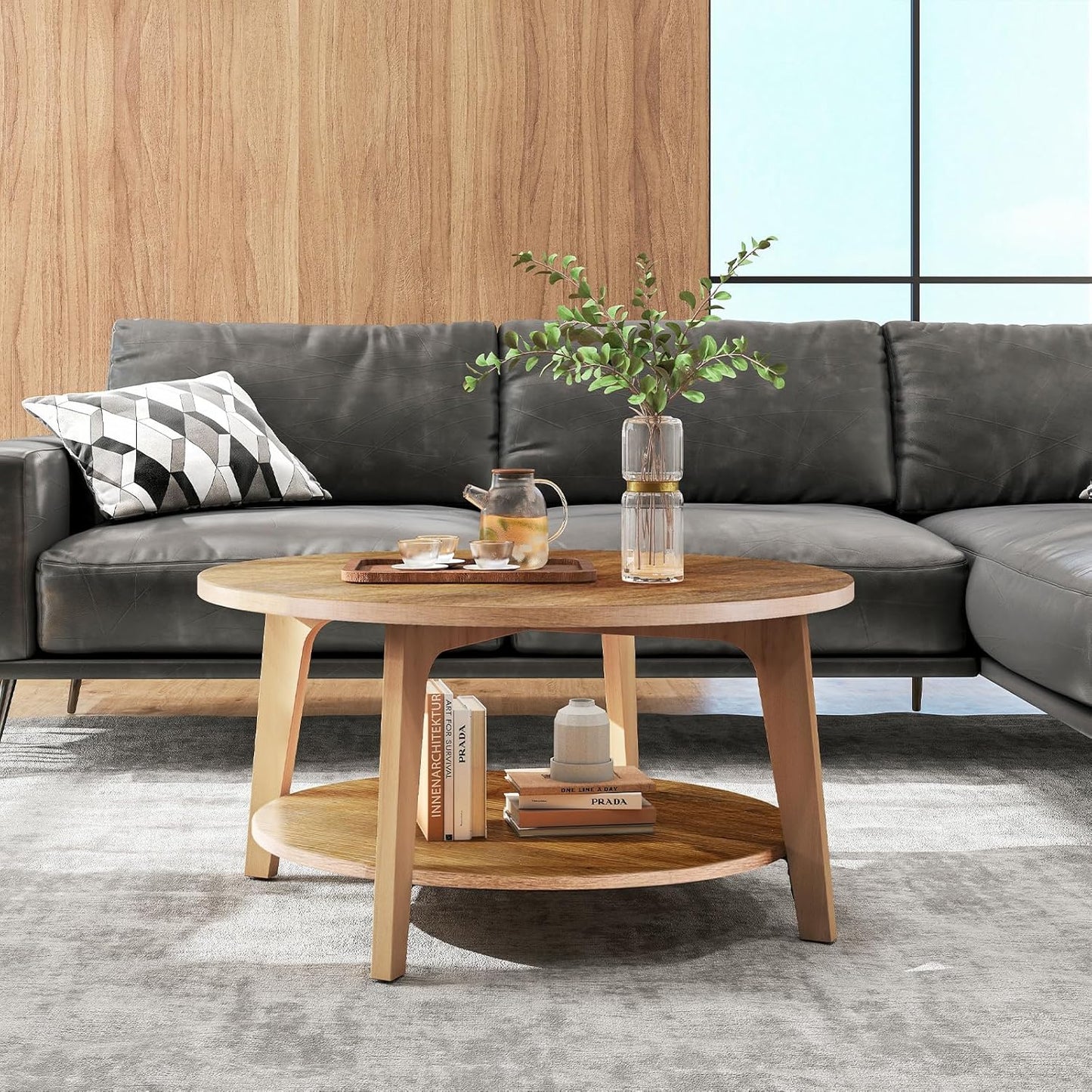 Sweetcrispy Round Coffee Table, 36'' Wood Coffee Tables for Living Room with Storage, 2-Tier Center Circle Counter with Wooded Desktop, 50 lbs Capacity, Anti-Slip Feet, Modern Farmhouse Design, Brown