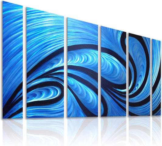Unique Metal Wall Sculpture, Metal Wall Art with proud as a peacock design, Abstract Blue and Black Modern and Contemporary Décor, Aluminum Artwork, Indoor and Outdoor decoration, 6 panels 64"Wx24"H
