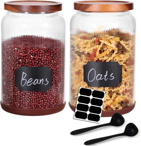 SAIOOL 2-Pack Striped Borosilicate Glass Airtight Canisters - Big mouth Large Capacity, Acacia Wood Lid, Food Storage Jars for Flour, Pasta, Pantry Organization (1 Gallon （2 Striped pack）)