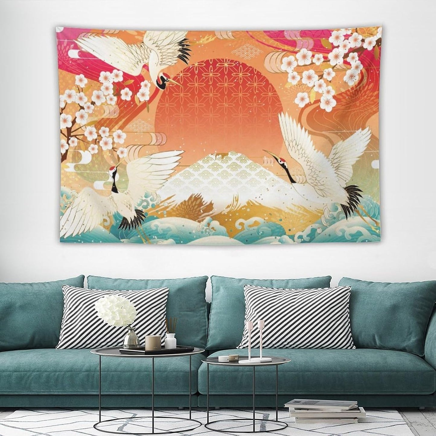 HZOHNAGO Japanese Tapestry Cherry Blossom Crane Sea Wave Fuji Mountain Red Sun Pattern Printed Wall Tapestry Painting Wall Hanging for Bedroom Living Room Dorm 60" W x 40" H