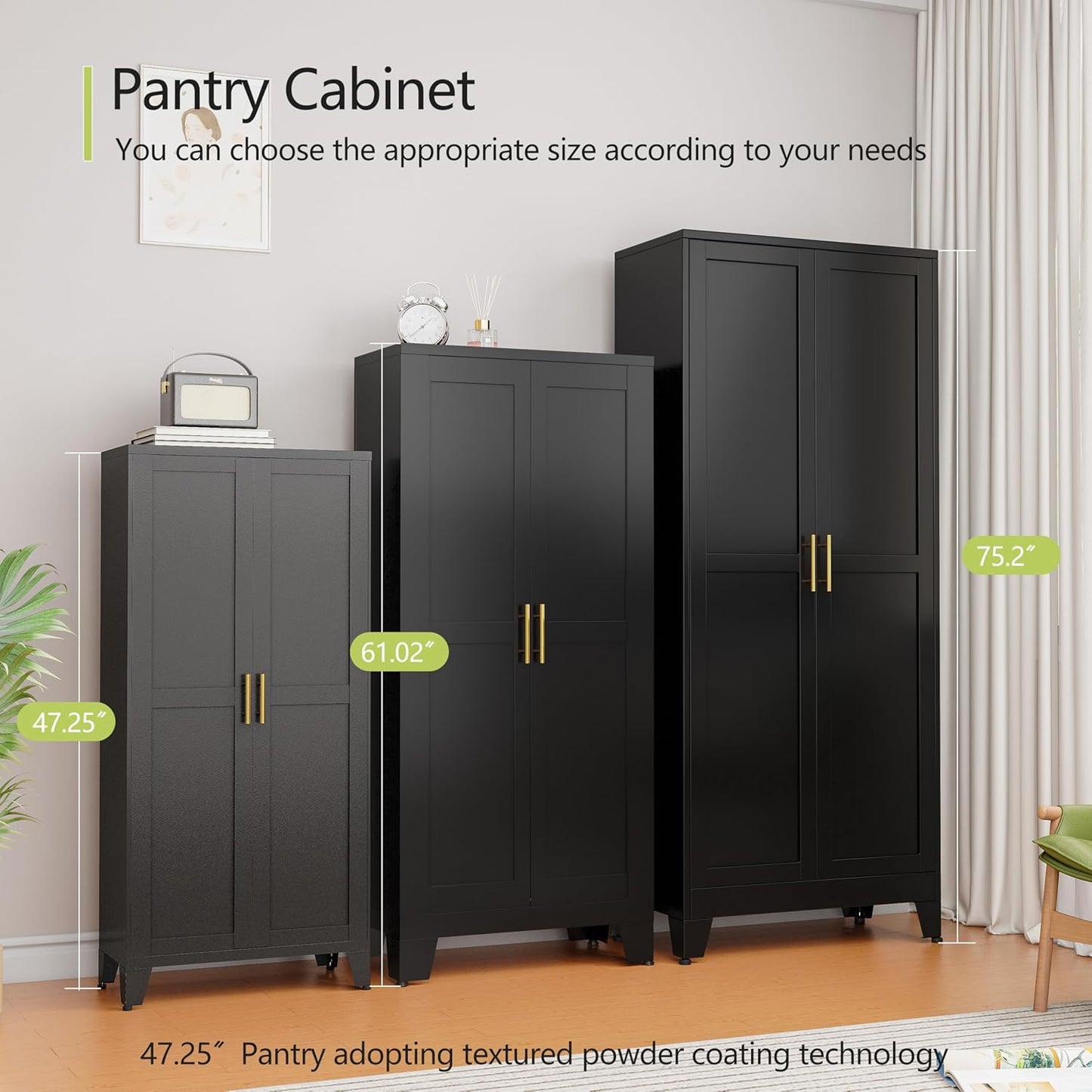 Metal Storage Cabinet With 2 Doors and 3 Adjustable Shelves, Black Kitchen Pantry for Food, Utility Cabinet for Laundry Room, Cupboard