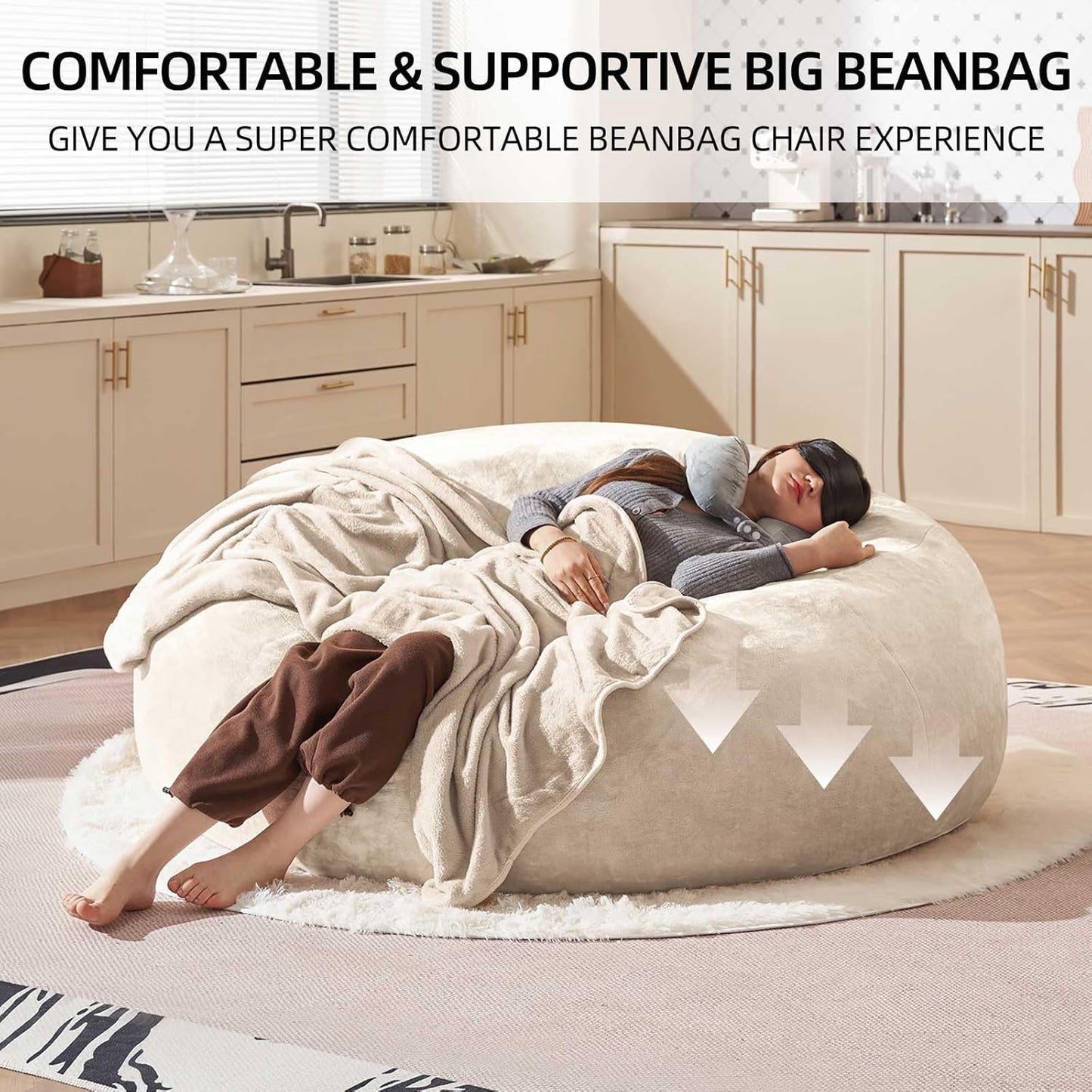 Bean Bag Chair 5Ft, Memory Foam Filled, Large Beanbag Chairs for Adults and Teens, Soft Sofa with Removable Flannel Cover, Round Couch for Living Room Bedroom College Dorm (Apricot, 5FT-60×60"×24")