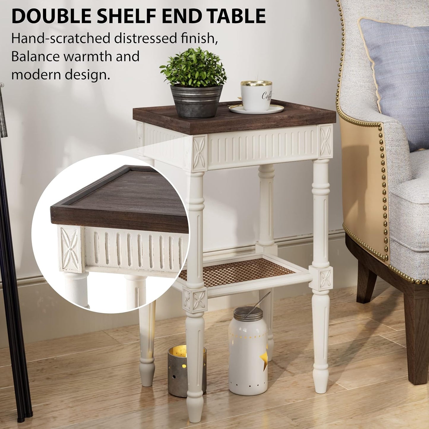 Rustic Farmhouse Cottagecore Accent End Table Set of 2, Distressed Accent Side Table with Espresso Tray Top and Woven Wicker Shelf, Boho, French Country Decor, Square, Weathered Brown & White