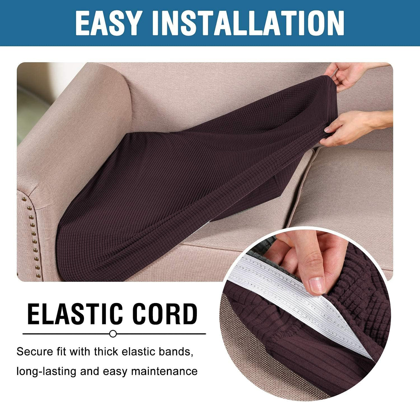 H.VERSAILTEX Super Stretch Individual Seat Cushion Covers - Thick Jacquard Textured Twill Fabric (2 Piece Large Sofa Cushion Covers, Chocolate)