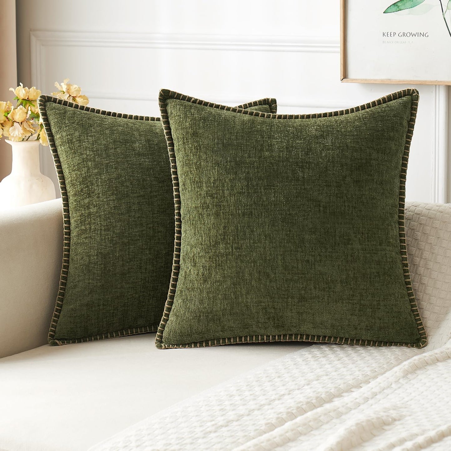 MIULEE Pack of 2 Couch Throw Pillow Covers 24x24 Inch Olive Green Farmhouse Decorative Pillow Covers with Stitched Edge Soft Chenille Solid Dyed Spring Pillow Covers for Sofa Bed Living Room