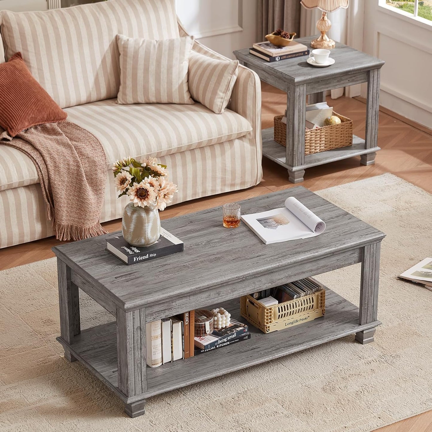 Farmhouse Coffee Tables for Living Room,Square Tea Table with Open Storage Shelf,Large Coffee Table,Rustic Wooden Center Table,Gray