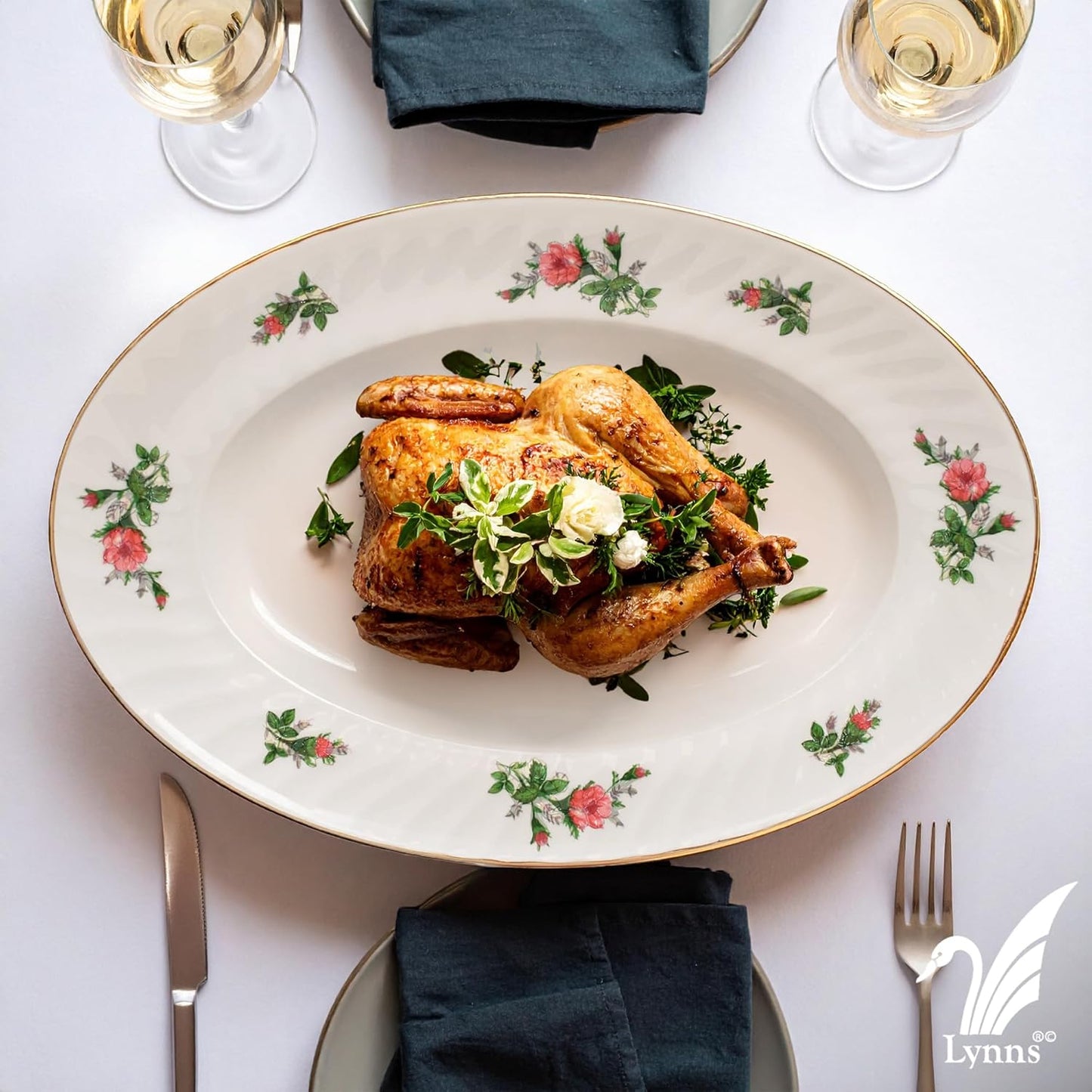 Lynns Paradise Vintage Rose 14-Inch Oval Platter, Set of 2, Pink; Heavy Duty; Chip Resistant; Lead and Cadmium Free; Freezer to Oven Safe up to 500°F