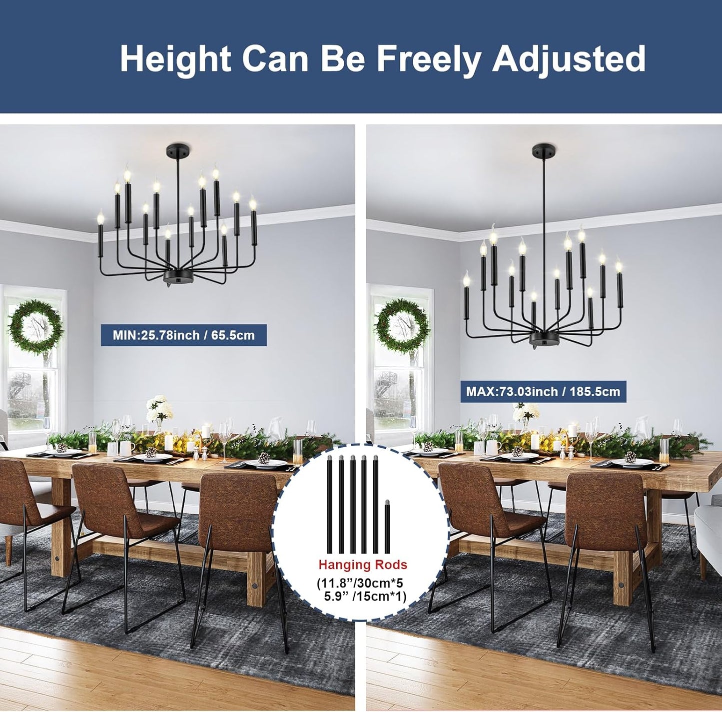 Modern Black Farmhouse Chandeliers, 12-Light Industrial Metal Chandelier Lighting, Classic Candle Hanging Pendant Light Fixtures for Living Room, Dining Room, Kitchen, Bedroom, Entryway