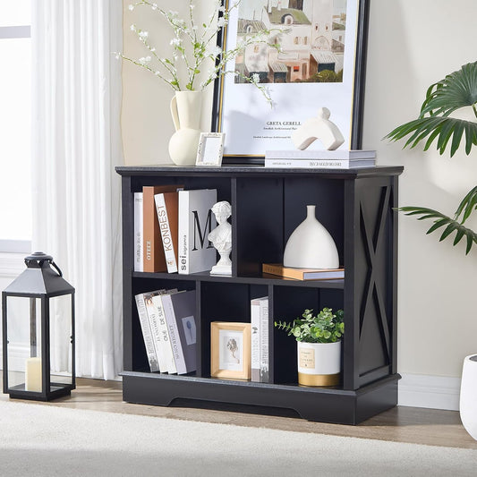 Farmhouse 5 Cube Bookshelf, Black Storage Organizer Bookcase, Kids Toy Storage Cabinet, Small Bookshelves Storage Organizer Shelf, Wood Display Cabinet Book Shelves for Bedroom,Living Room,Office