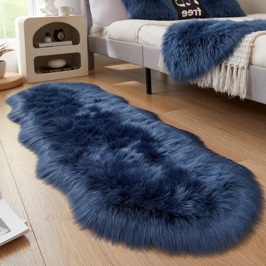AMTOVO Faux Sheepskin Rug, Dark Blue Ultra Soft Fluffy Shag Area Rug, 2 x 6 ft Faux Fur Rug for Bedroom Sofa Throw Cushion Room Decor, Sheepskin