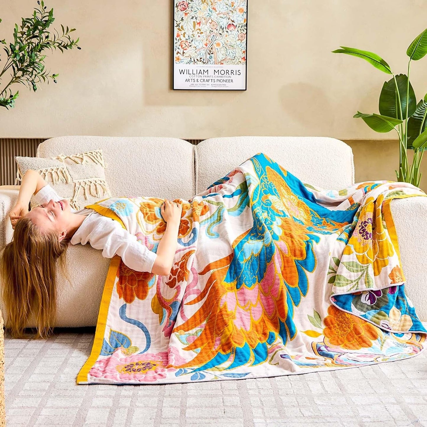 Boho Throw Blanket, Lightweight Blankets for Summer, 100% Cotton Bohemian Decorative Throw Blanket, 50"x60" Reversible Muslin Breathable Woven Farmhouse Blankets Quilt,