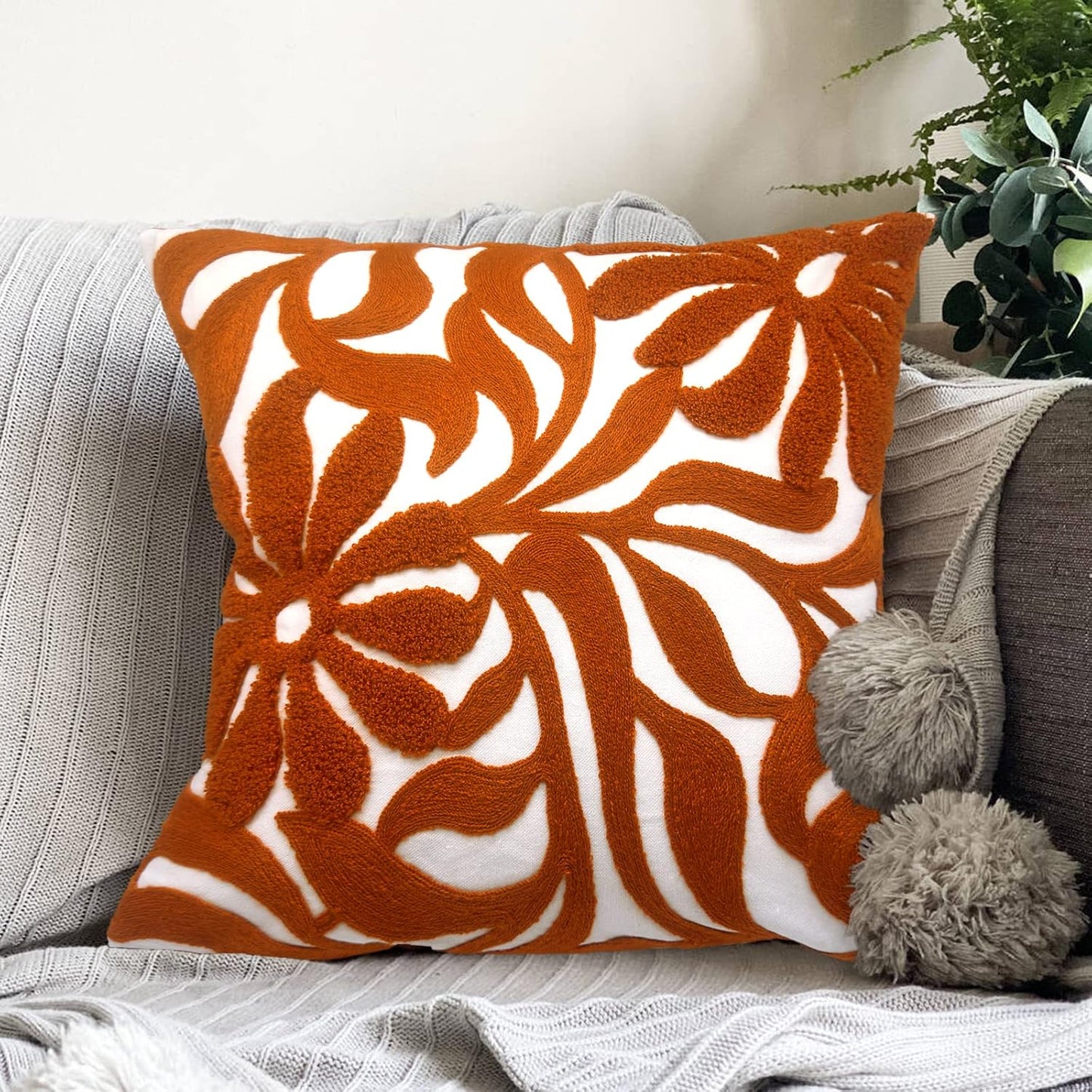Alysheer Farmhouse Floral Leaves Embroidered Decorative Throw Pillow Cover 18x18 inches, Boho Tufted Flowers Embroidery Pattern Chic Cotton Cushion Case for Couch Bed Sofa Living Room(Burnt Orange)