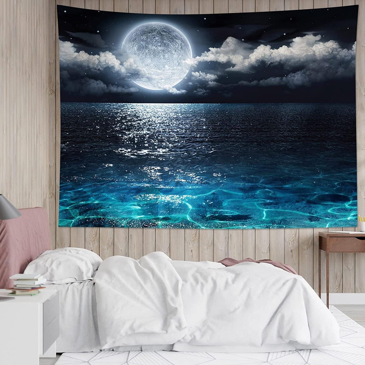 LB Moon Over Ocean Tapestry, Night Sky Tapestry Wall Hanging,3D Fantasy Psychedelic Watercolor Wall Art for Bedroom Living Room Dorm Home Decor,48 x 36 Inches