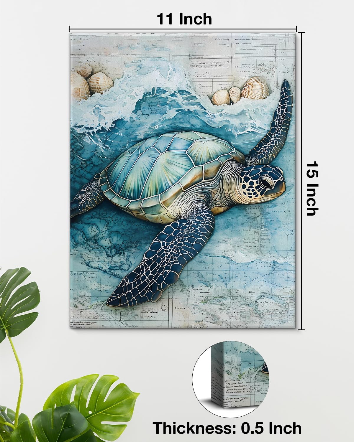 Coastal Sea Turtle Canvas Wall Art Turtle Nautical Ocean Theme Print Poster Framed Picture Painting for Home Beach House Bedroom Wall Decor 11x15 Inch