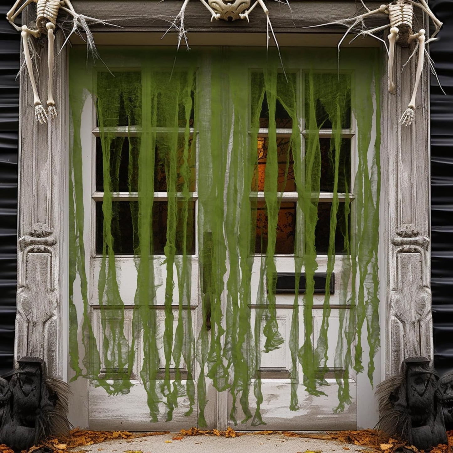 RunNico 2Pcs 85" x 60" Large Halloween Door Curtain Decoration, Green Gauze Doorway Curtain, Creepy Cloth Strip Drape for Halloween Horror Theme Party Haunted House Costume Decor