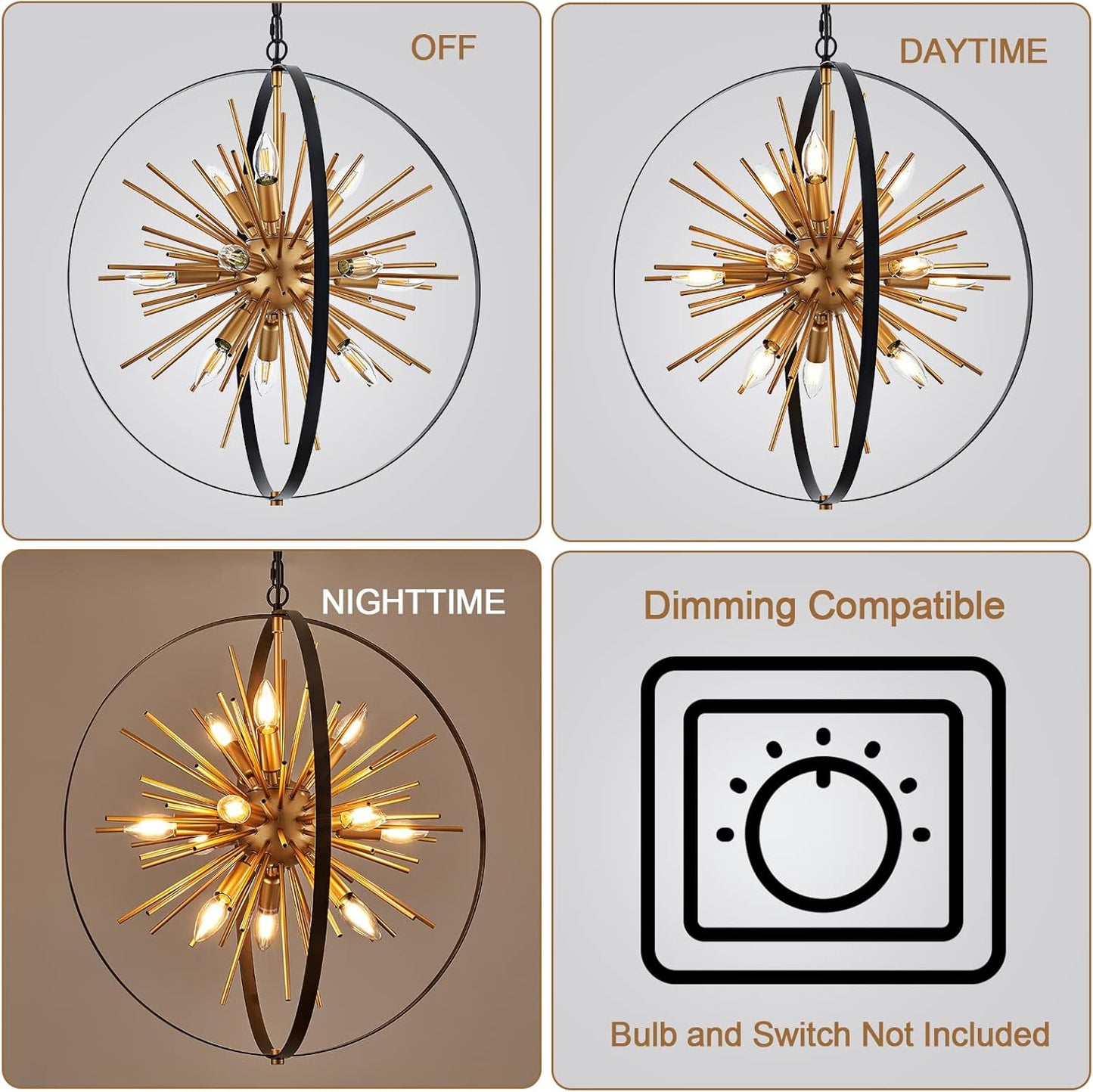 23.2'' Black Gold 12-Light Globe Sputnik Chandelier Modern Industrial Adjustable Hanging Ceiling Firework Pendant Light Fixture for Entryway Foyer Bedroom Dining Living Room Hallway