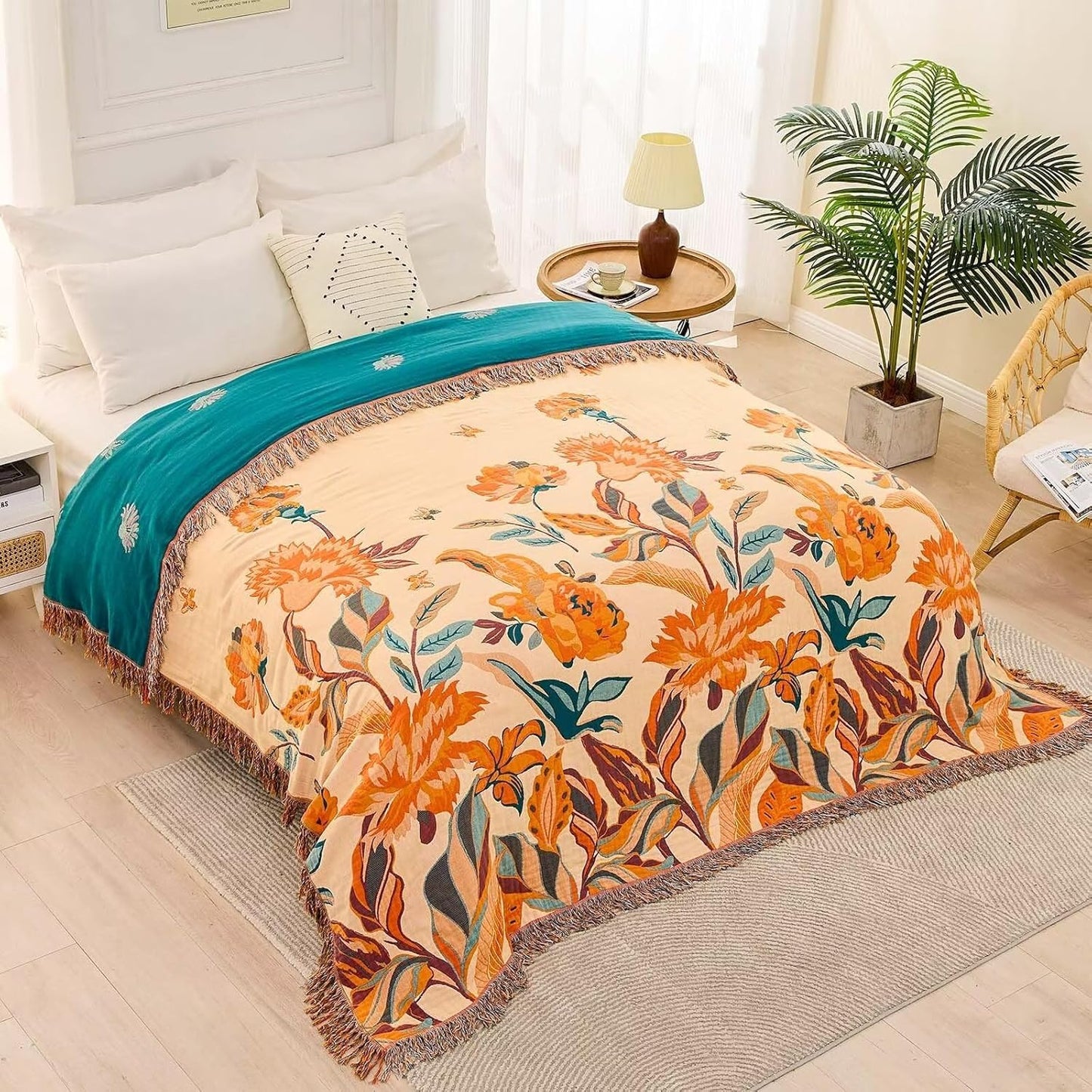 Boho Throw Blanket for Bed, 100% Cotton Soft Rustic Quilt Fall Blanket, 80" 90" Floral Printed Farmhouse Decor Bed Blankets, All Season Rustic Reversible Bohemian Throw Quilt