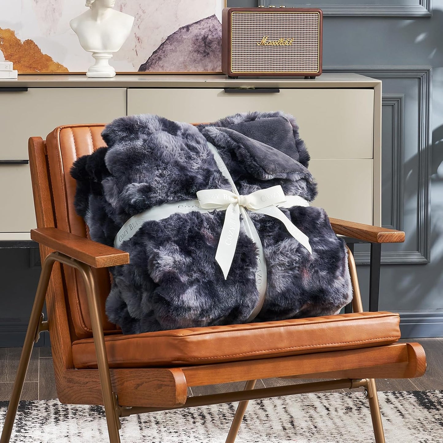 Cozy Bliss Faux Fur Throw Blanket for Couch, Fuzzy Soft Plush Thick Bubble Blanket for Sofa Bedroom Living Room, 60 * 80 Inches Tie Dye Black