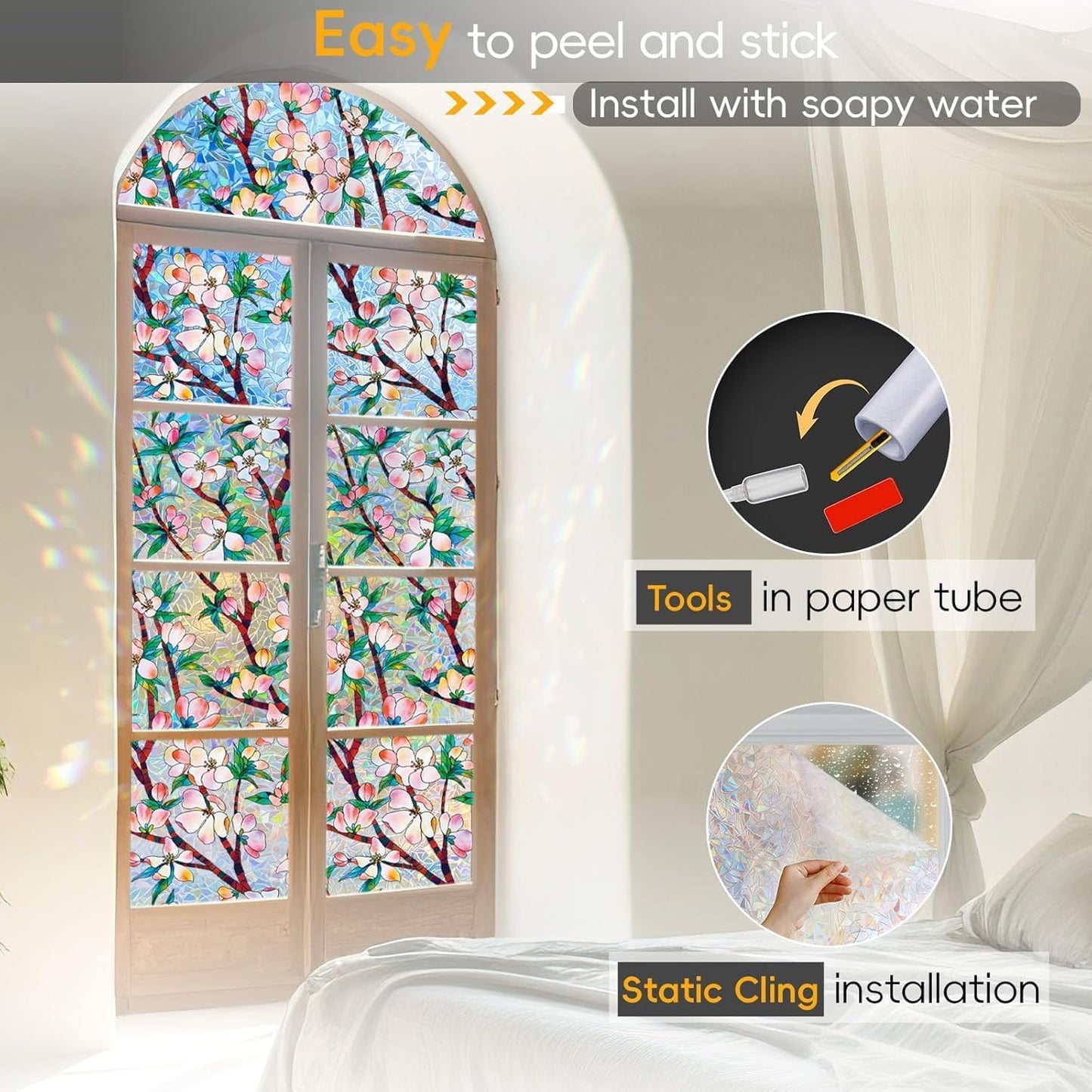 Rainbow Window Privacy Film Decorative, 3D Decals Stained Glass Clings, Static Cling Sticker, Suncatcher Windows Cover Tint for Home, 23.6 Inch x 157.4 Inch