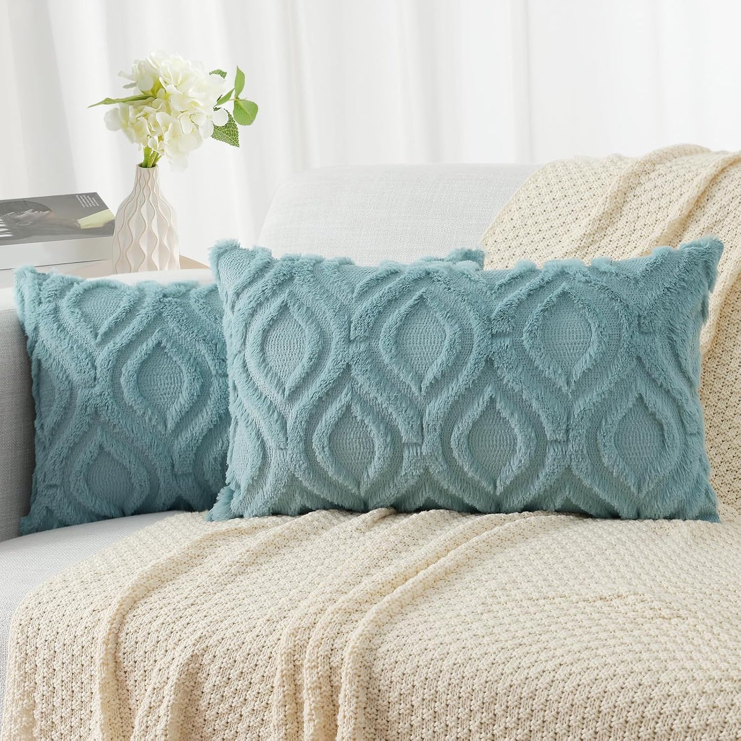 decorUhome Fall Throw Pillow Covers 12x20 Inch Set of 2, Soft Plush Decorative Faux Fur Aqua Solid Couch Pillow Covers, Accent Farmhouse Neutral Lumbar Euro Pillow Cases for Sofa Bed Living Room