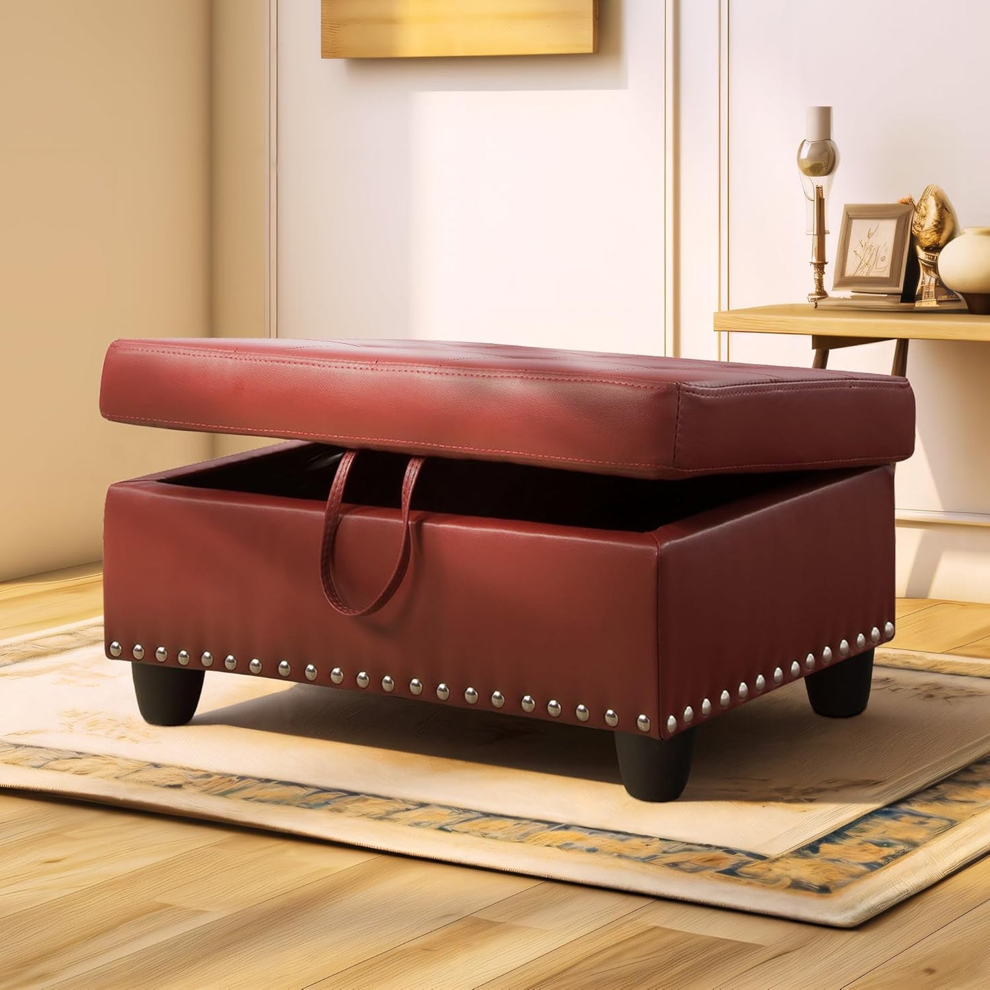 Ottoman Rectangular Storage Ottoman Bench, Faux Leather Footrest, Coffee Table, Stool Footstool with Hinged Lid for Living Room, Bedroom, Entryway, Red, 28.5"x19"x17.5"