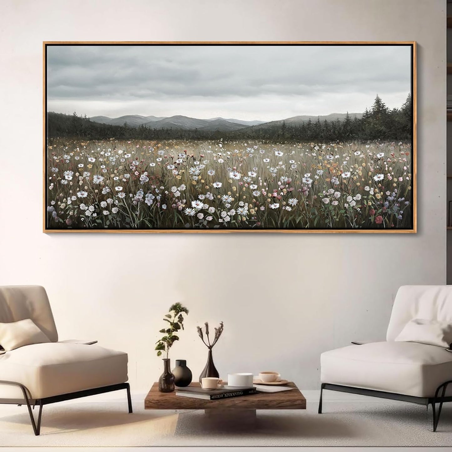 HGUAOA Vintage Landscape Wall Art for Bedroom and Living Room - Large Floral Artworks Farmhouse Wall Decor - Framed Neutral Nature Pictures - Above Bed Wall Decor with Mountain Scenery 29×58IN