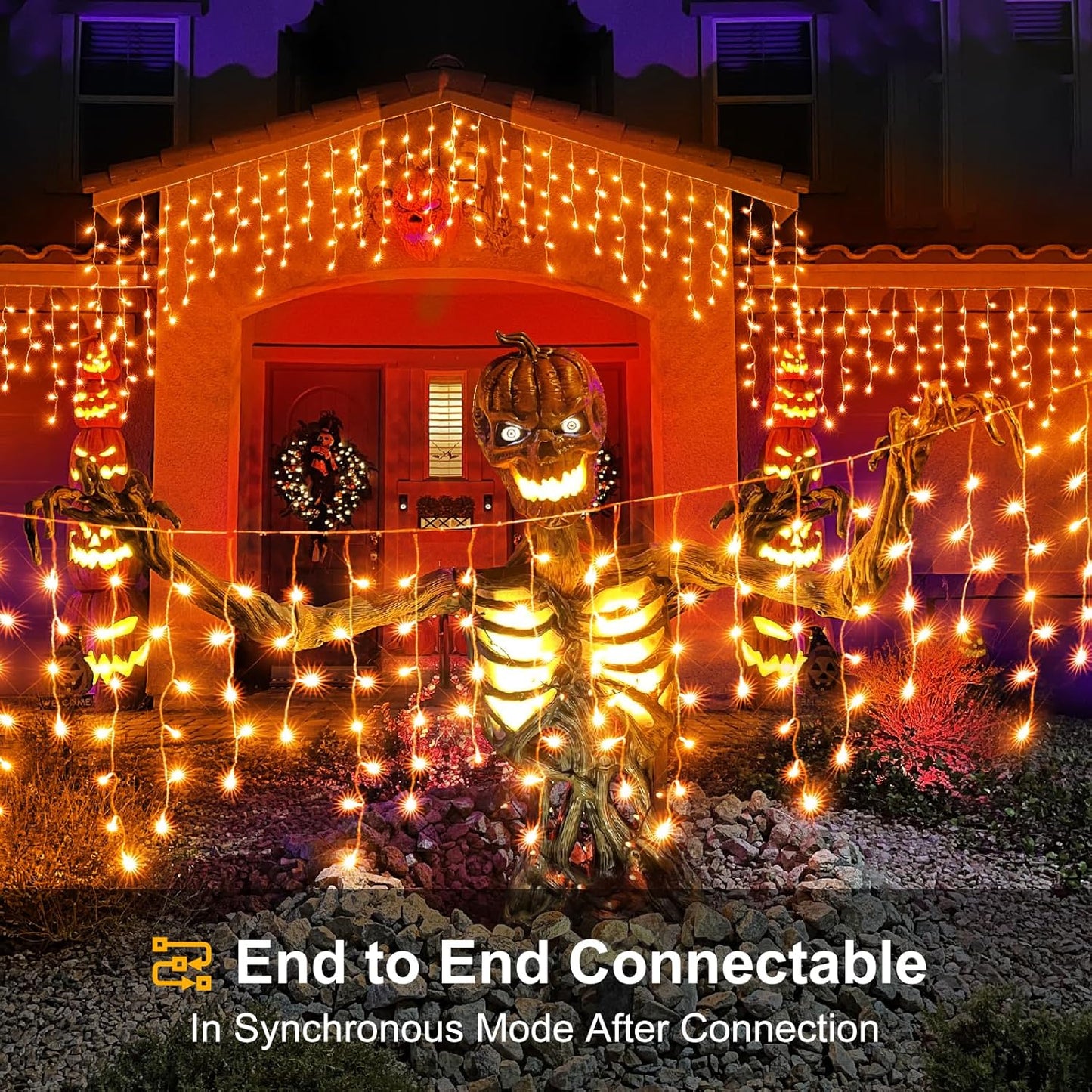 Orange Halloween Lights Outdoor Indoor, 66ft Icicle Lights for Outside, 640 LED Twinkle String Lights with 120 Drops Clear Wire Short Curtain Lights for Room Home Wall Bedroom Decor