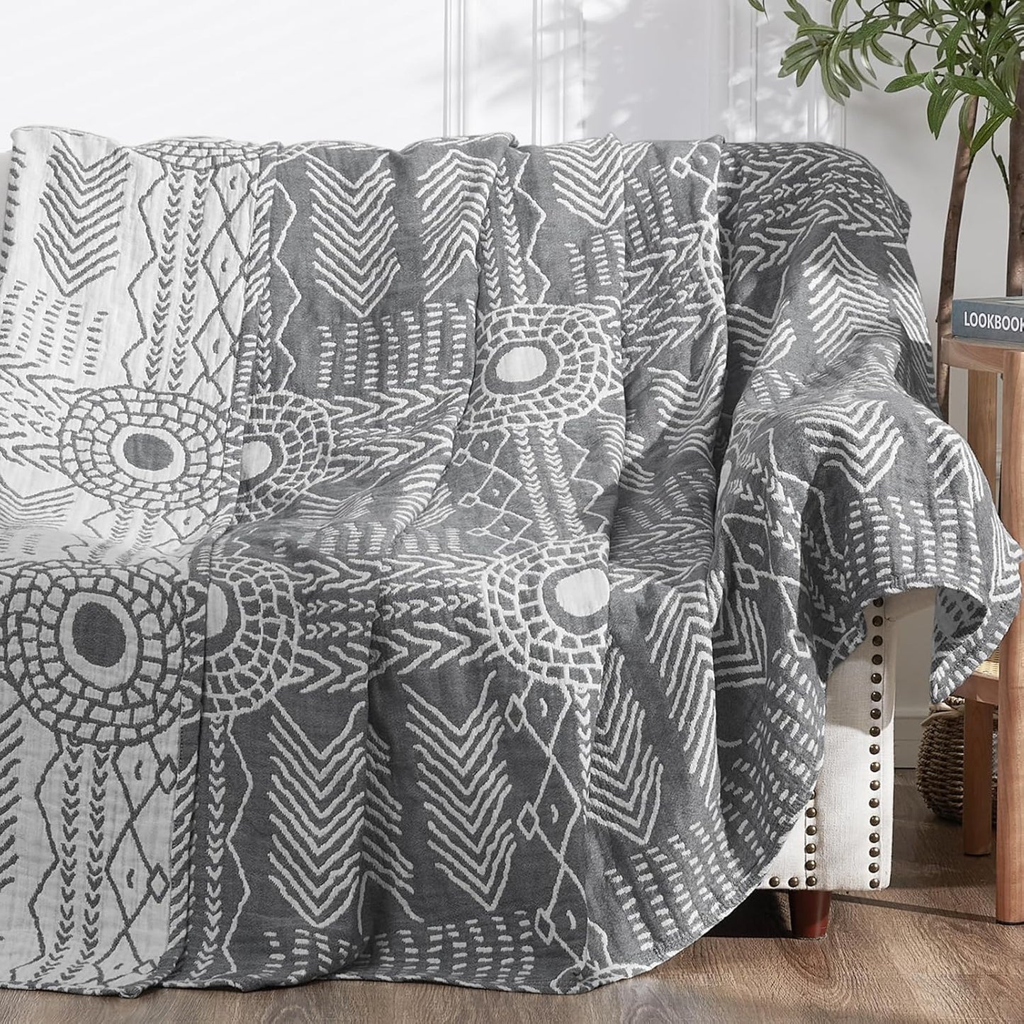 JINCHAN Boho 100% Cotton Muslin Blanket 3-Layer Twin Size Geometric Lightweight Reversible Soft Cozy Throw for Couch Sofa Bed All Season Coverlet Ideal Gift Bedroom Living Room Decor Grey 60x80 Inches