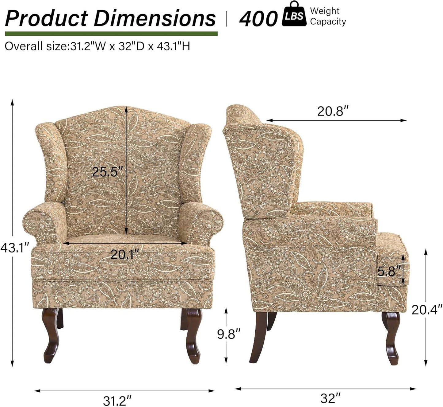 Accent Chair, High Back Upholstered Armchair with High Resilience Sponge & Wood Legs, Mid-Century Modern Comfy Single Sofa Reading Chairs for Living Room, Bedroom (Floral Light Brown, Set of 1)